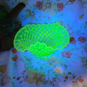 Topaz Opalescent Hobnail Ruffled Crimped Compote